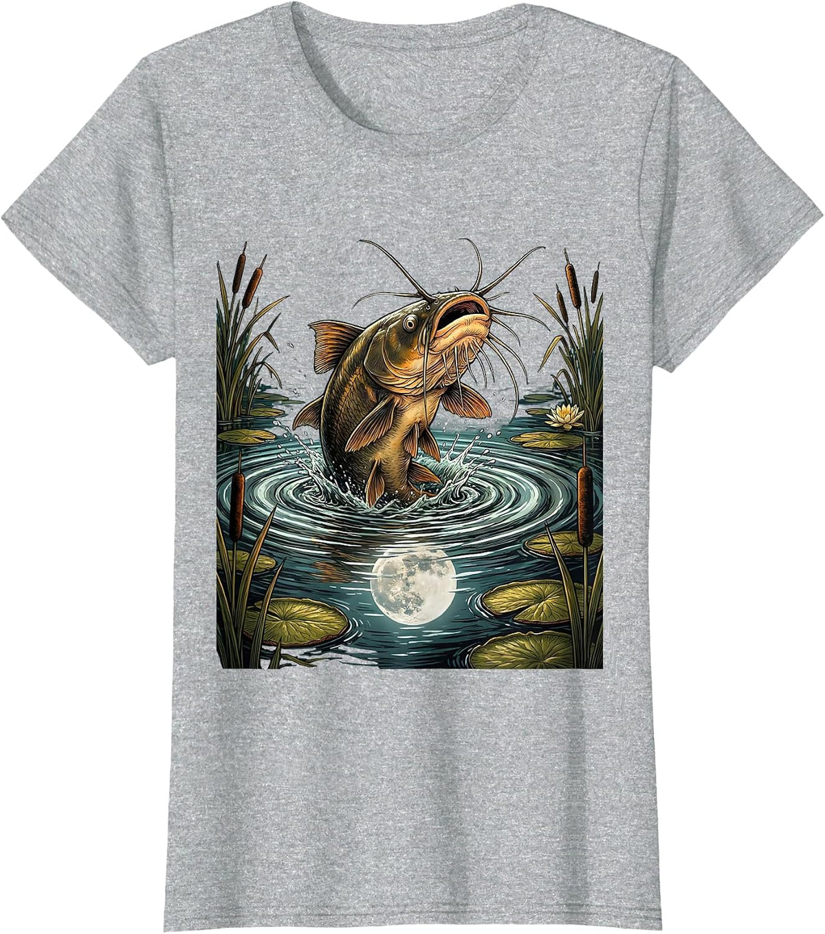 Boys Fishing Catfish Night Scene Graphic T-Shirt - Heather Grey