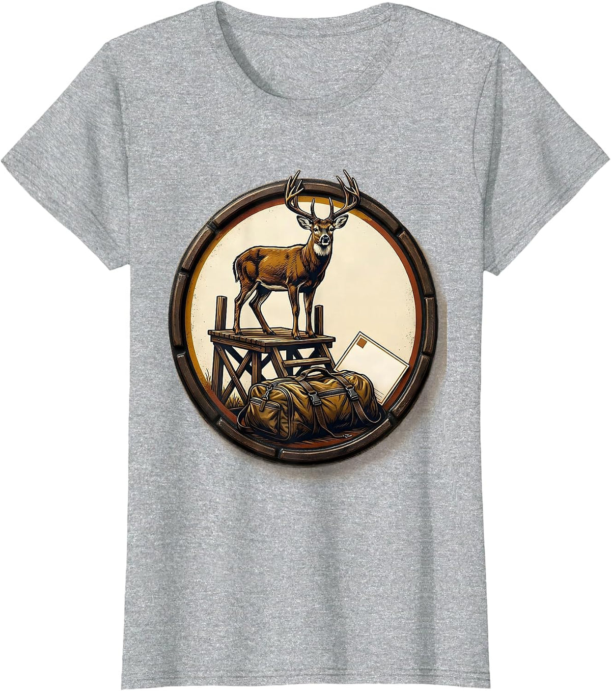 Sealed Buck Camp Badge Wood Type Letterpress Hunting Dad T-Shirt - Heather Grey