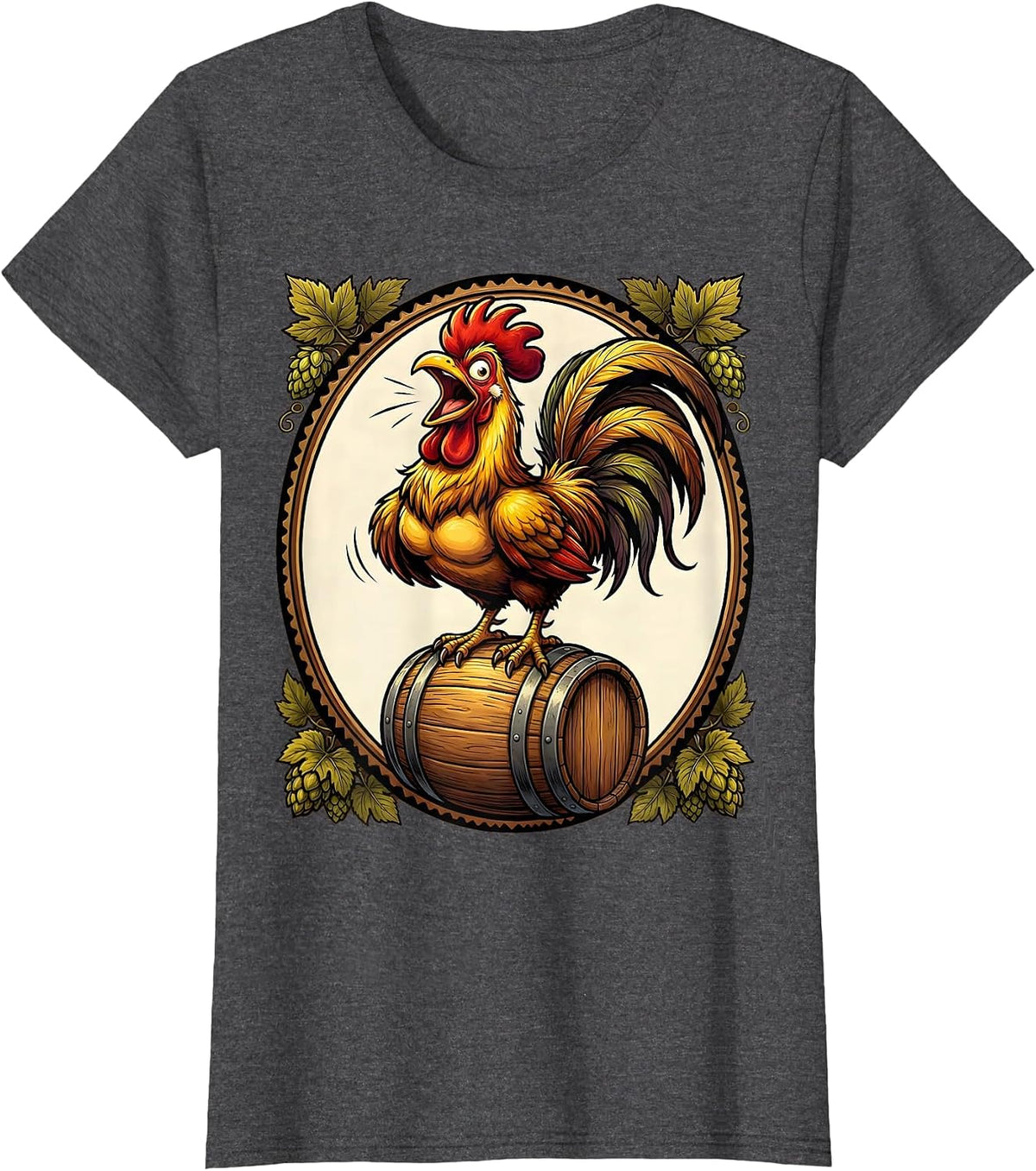 Women's Rooster on a Beer Keg Graphic Design T-Shirt - Dark Heather Grey