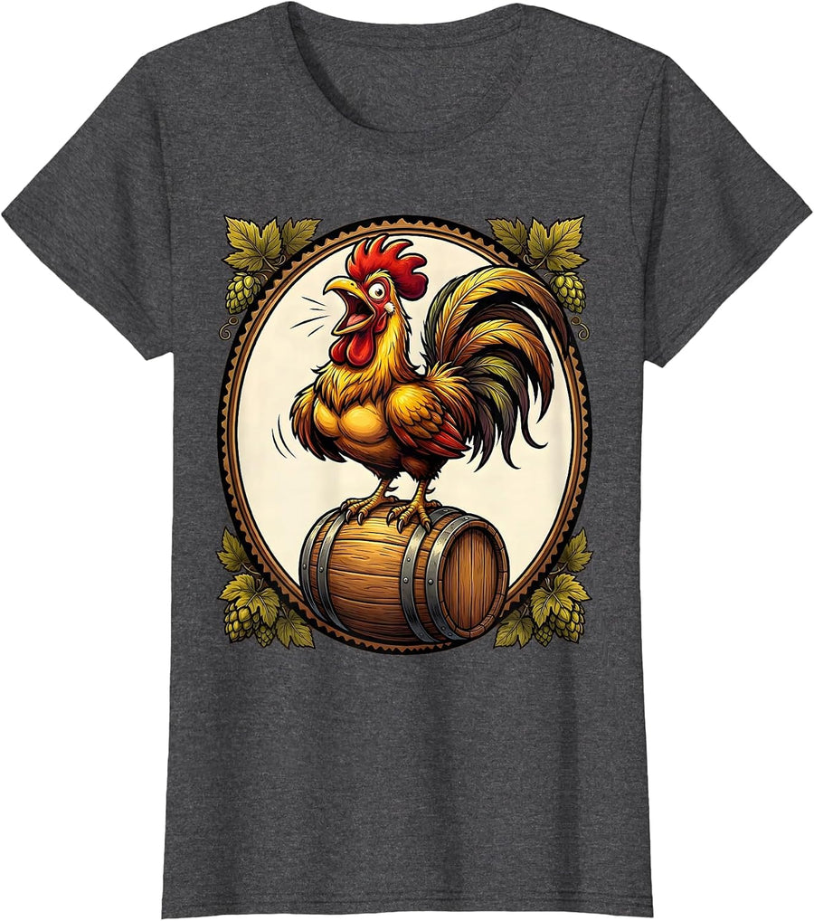 Women's Rooster on a Beer Keg Graphic Design T-Shirt - Dark Heather Grey