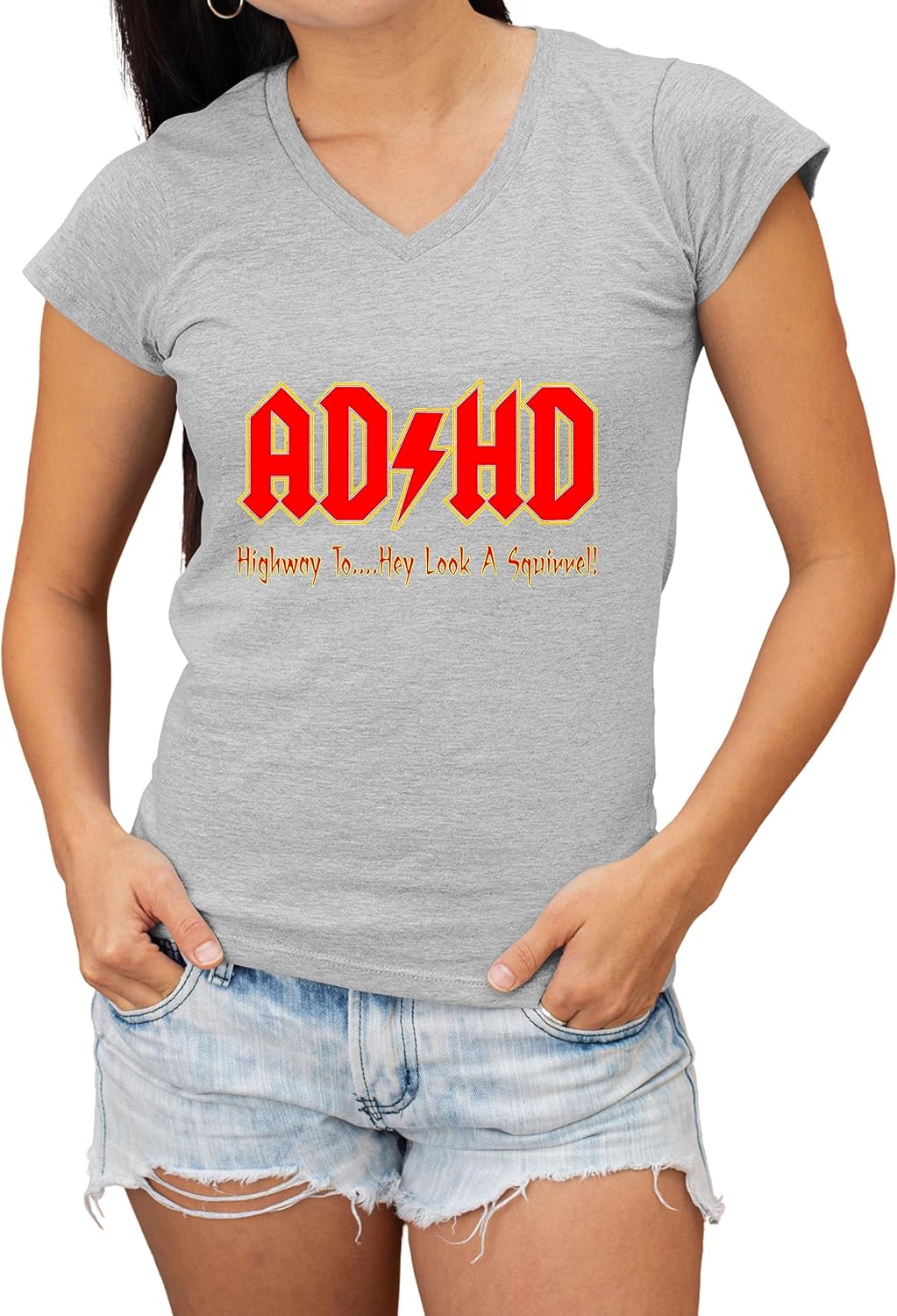 Go All Out ADHD Highway to Hey Look A Squirrel Funny Music Women V Neck T-Shirt - Heather Grey