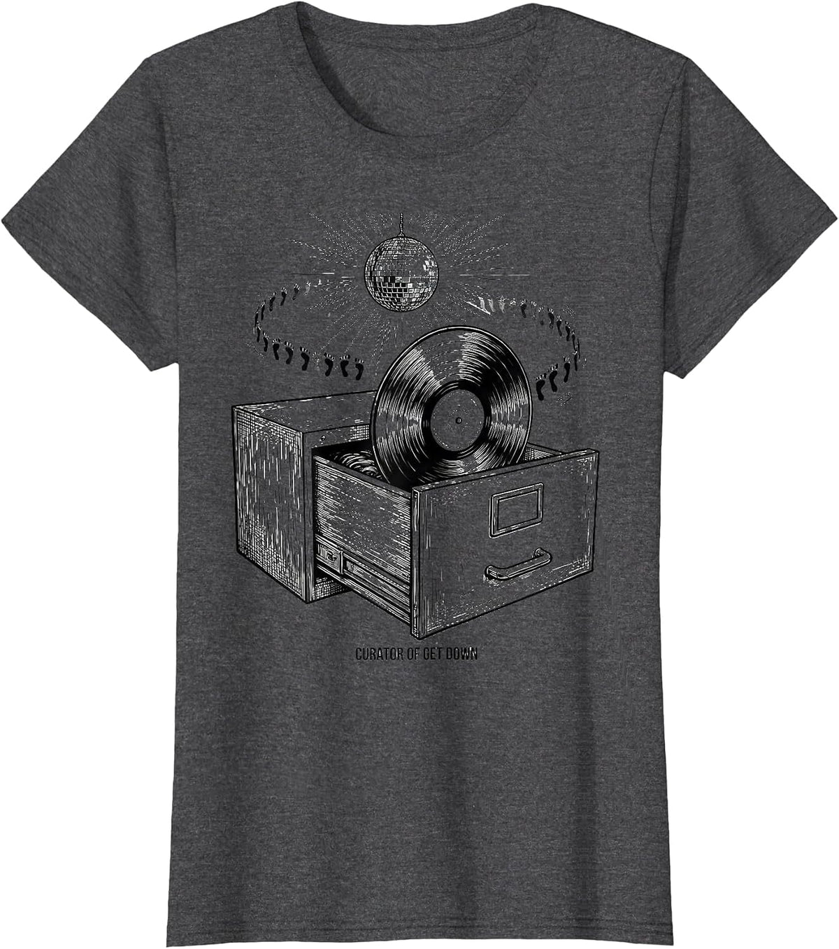 Women's Curator of Get Down Retro 70s Disco Party Humor T-Shirt - Dark Heather Grey
