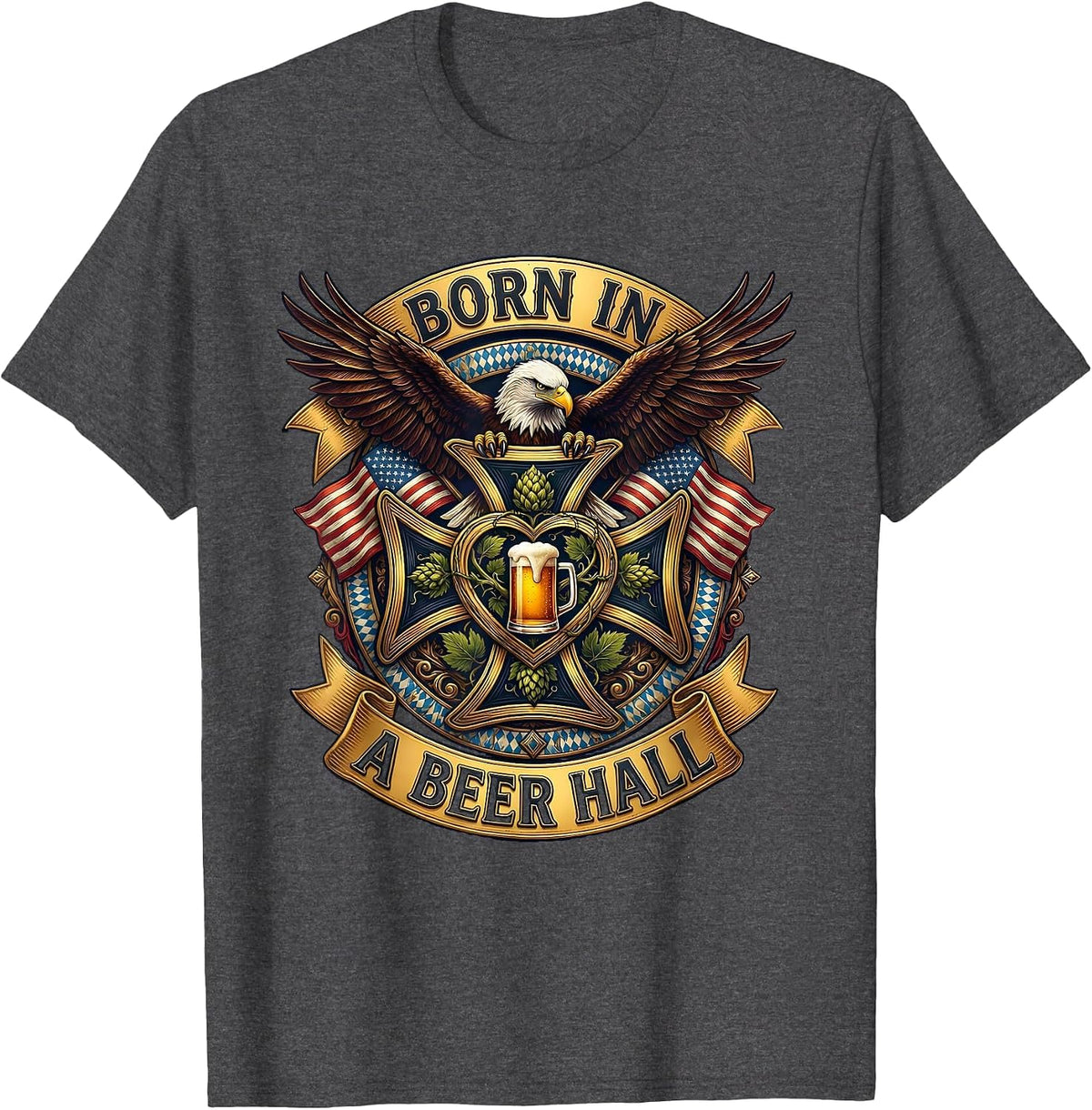 Men's Born in a Beer Hall Oktoberfest Design T-Shirt - Dark Heather Grey