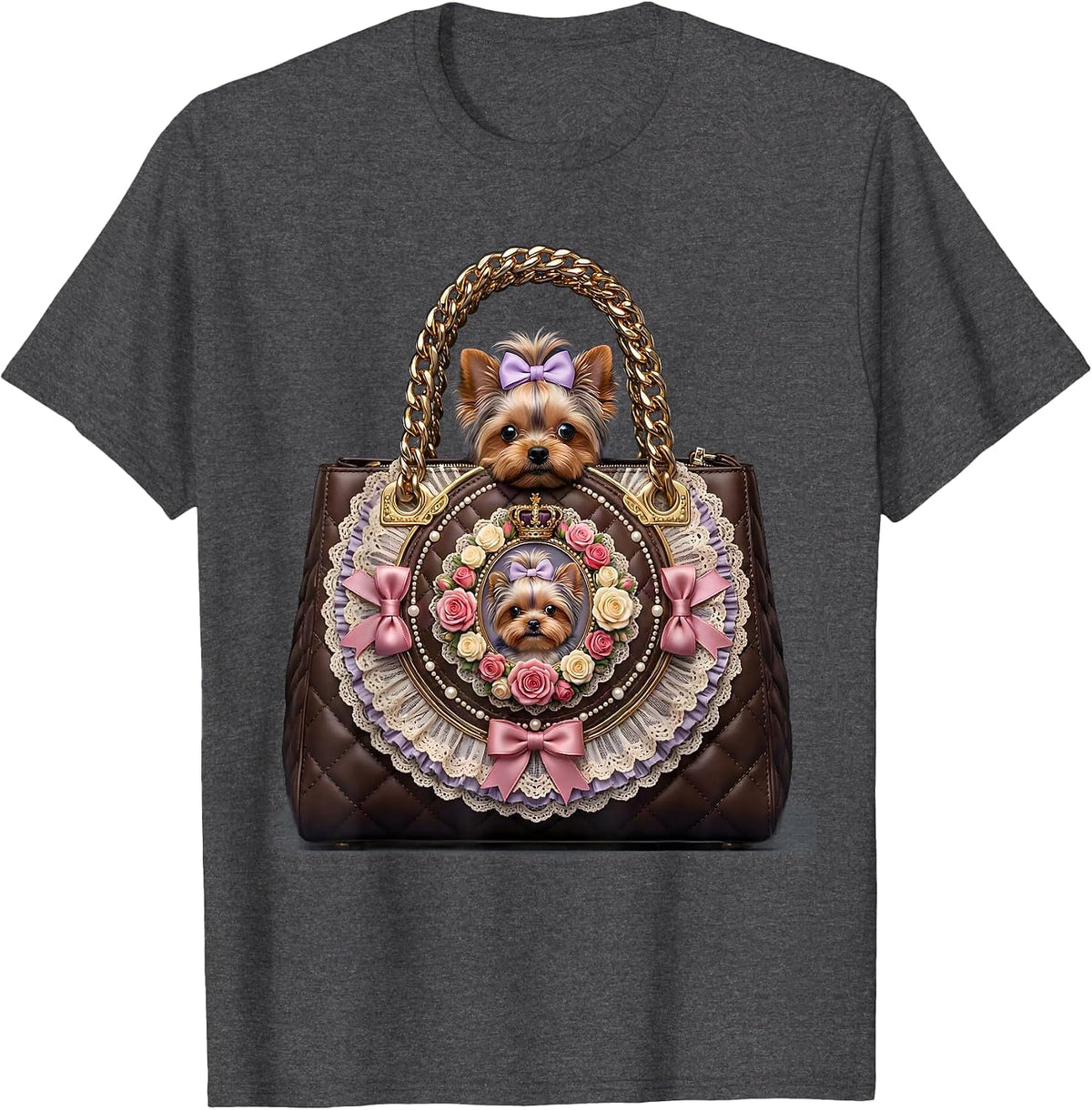 Tiny Dog in Oversized Designer Purse Graphic T-Shirt - Dark Heather Grey