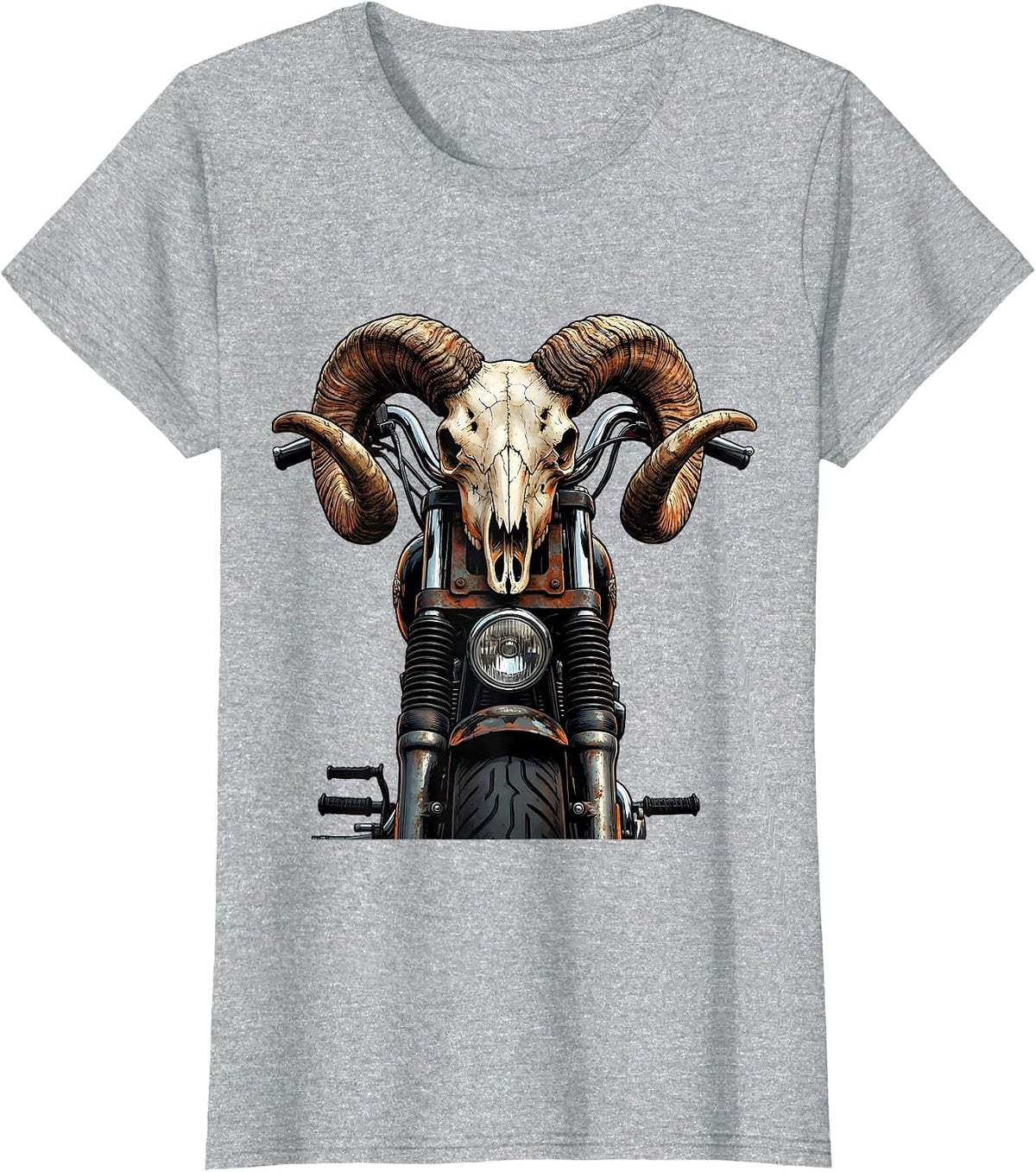 Ram Skull Motorcycle Handlebars Biker Graphic T-Shirt - Heather Grey