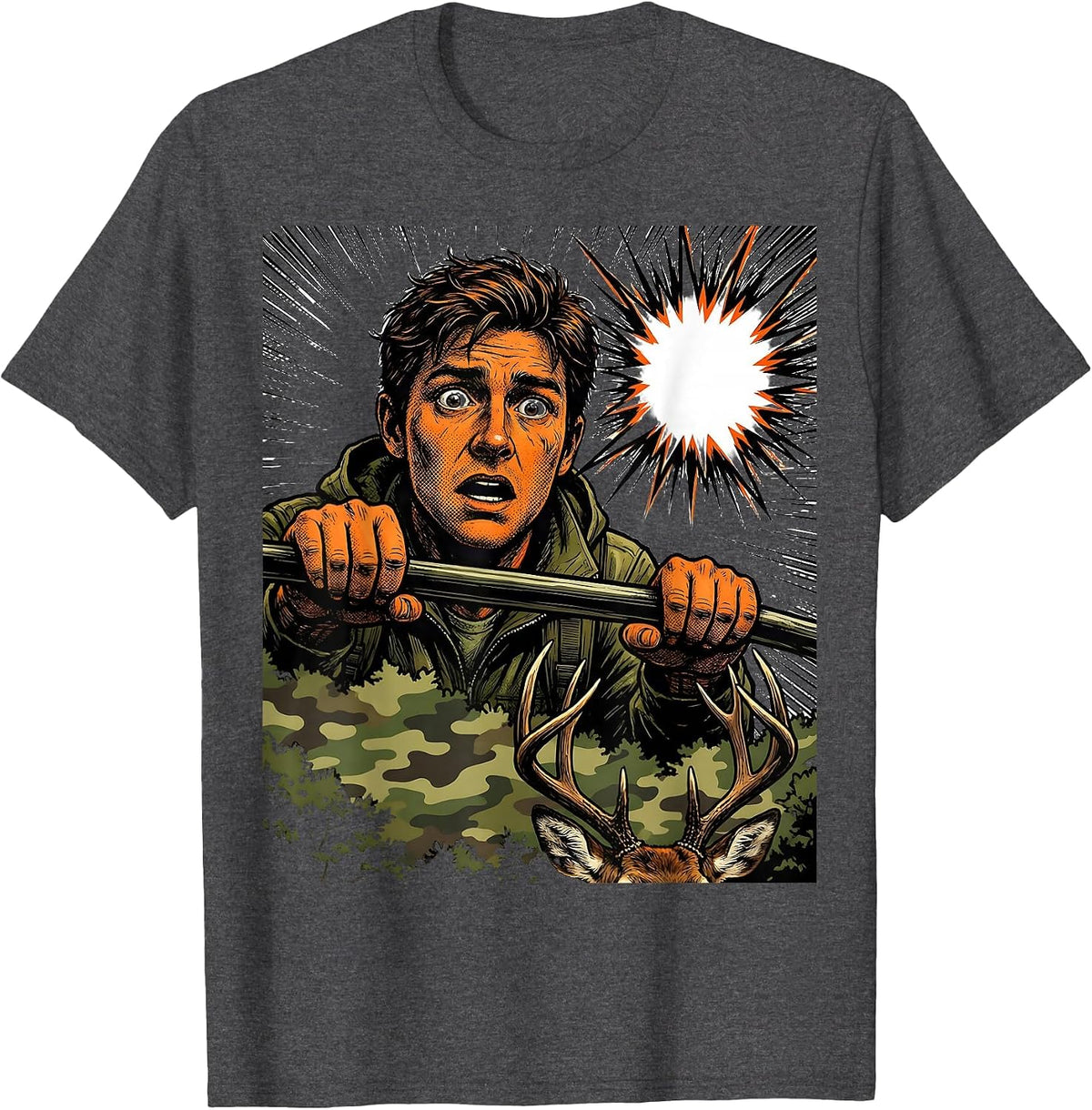 Startled Hunter Youth Humor Deer Hunting Camo T-Shirt - Dark Heather Grey