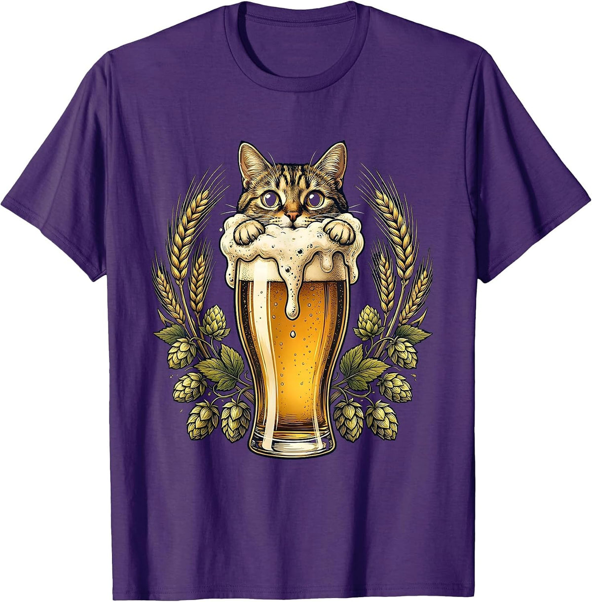 Curious Cat Peeking Over Beer Glass Illustration T-Shirt - Purple