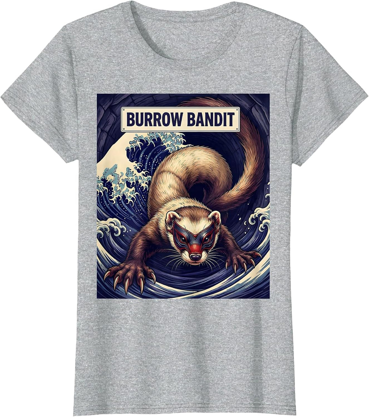 Burrow Bandit Ukiyo-e Ferret Lover Funny Pet Humor T-Shirt - Heather Grey