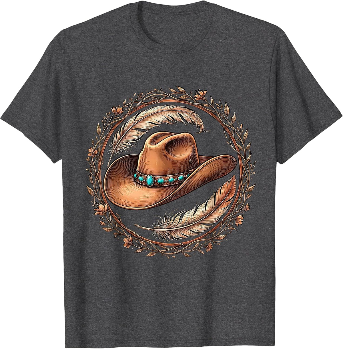Men's Cowgirl Hat Feathers and Turquoise Gems Western T-Shirt - Dark Heather Grey