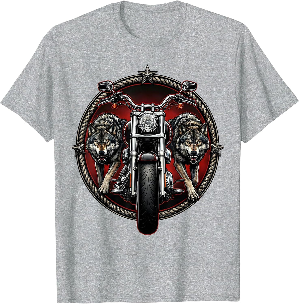Men's Wolf Pack and Motorcycle Biker Graphic T-Shirt - Heather Grey