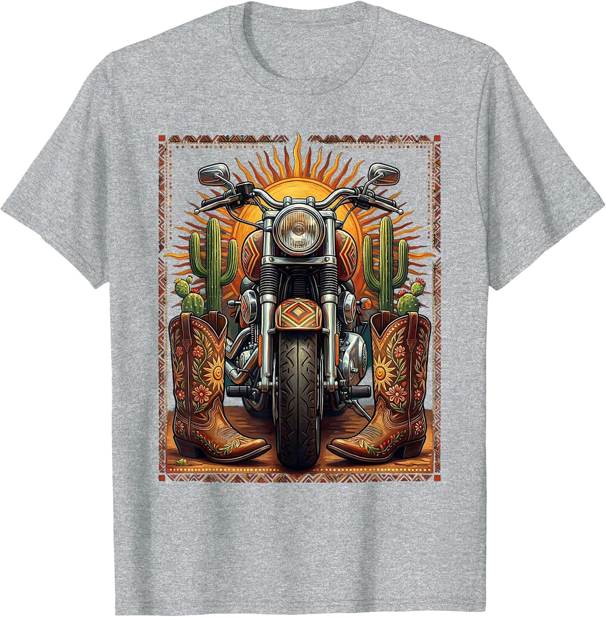Men's Route 66 Cowboy Boots and Motorcycle Graphic T-Shirt - Heather Grey