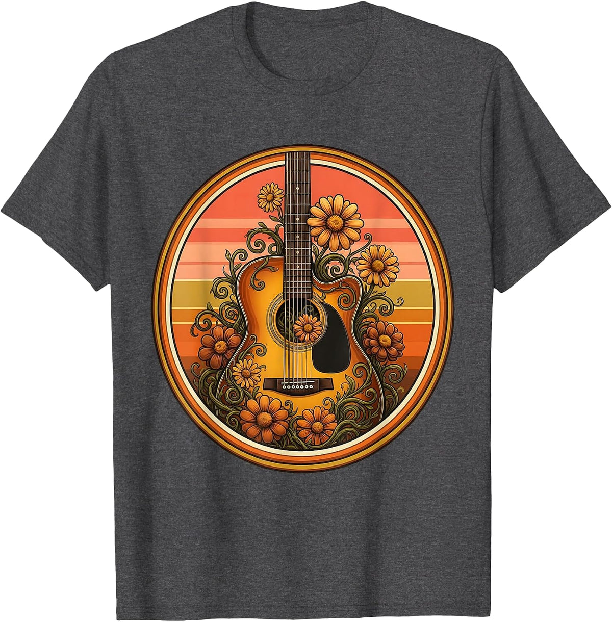 Acoustic Guitar Floral Vine Bloom Illustration T-Shirt - Dark Heather Grey