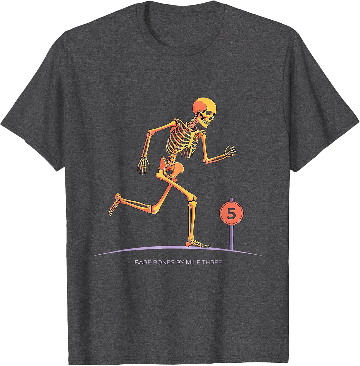 Men's Bare Bones By Mile Three Funny Halloween Running Skeleton 5K T-Shirt - Dark Heather Grey