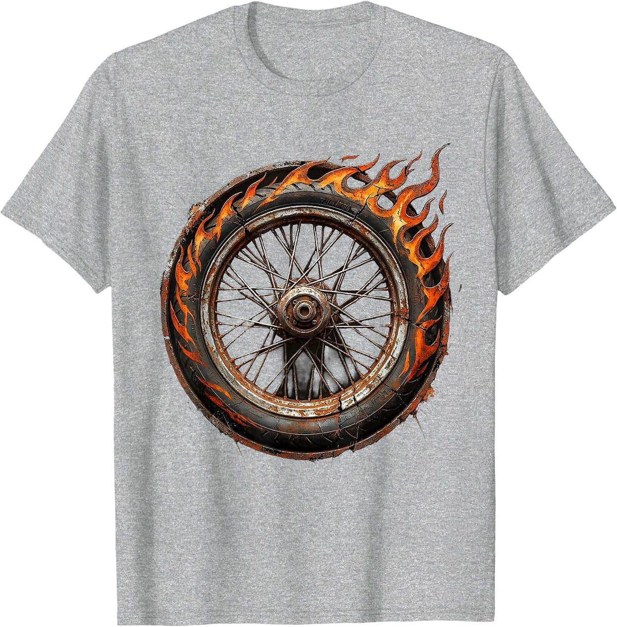 Men's Motorcycle Wheel Spinning Flames Graphic Tee T-Shirt - Heather Grey