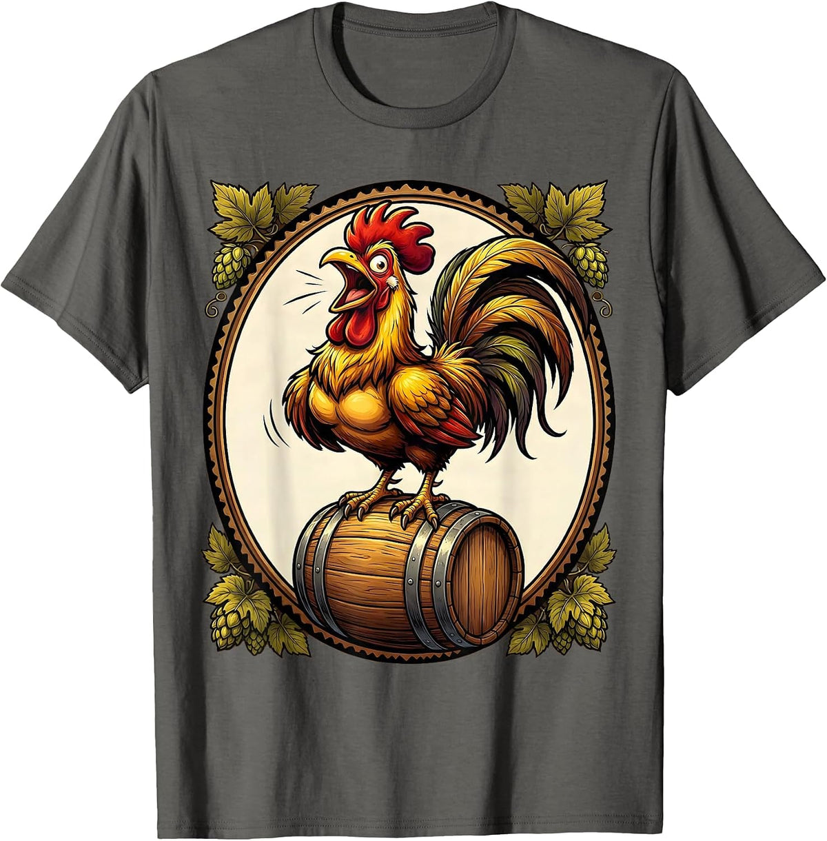 Men's Rooster on a Beer Keg Graphic Design T-Shirt - Asphalt Grey
