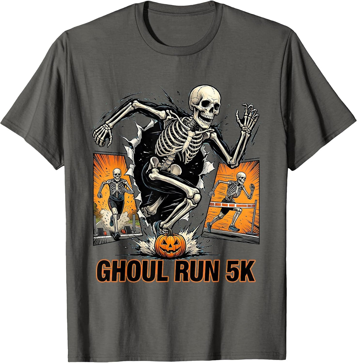 Men's Ghoul Run 5K Comic Book Skeleton Runner Halloween Fun Run T-Shirt - Asphalt Grey
