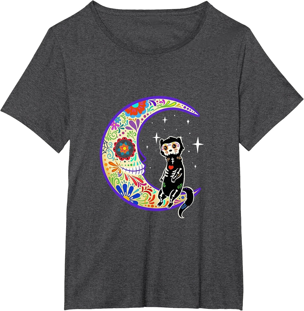 Ferret Dia de Los Muertos Skeleton Sugar Skull T-Shirt - Dark Heather Grey