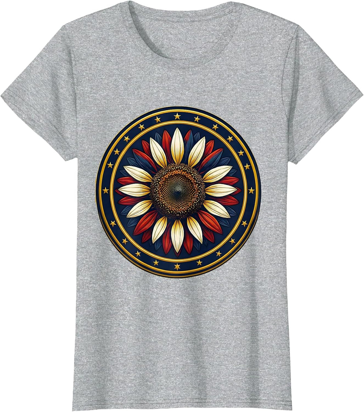 Red White and Blue Sunflower Patriotic Floral T-Shirt - Heather Grey