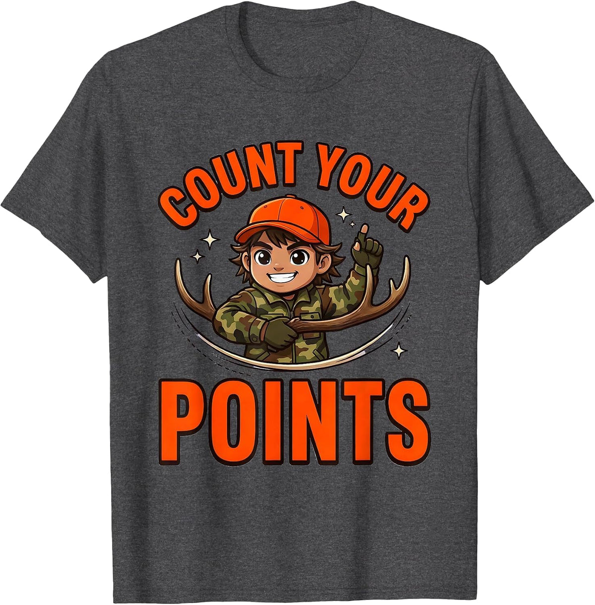 Men's COUNT YOUR POINTS Funny Deer Hunter Hunting Camp T-Shirt - Dark Heather Grey