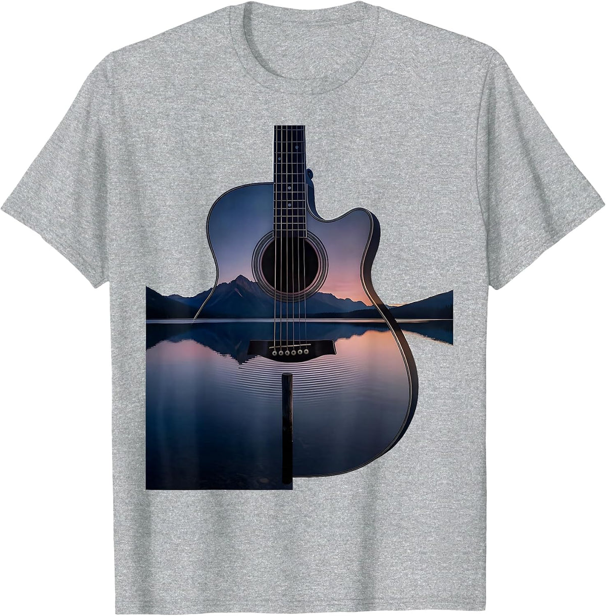 Men's Acoustic Guitar Lake Silhouette Vintage Guitarist Humor T-Shirt - Heather Grey