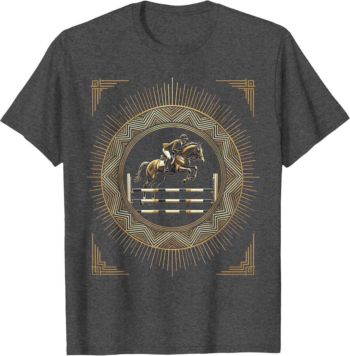 Show Jumper Mid-Air Over Striped Rail Graphic T-Shirt - Dark Heather Grey