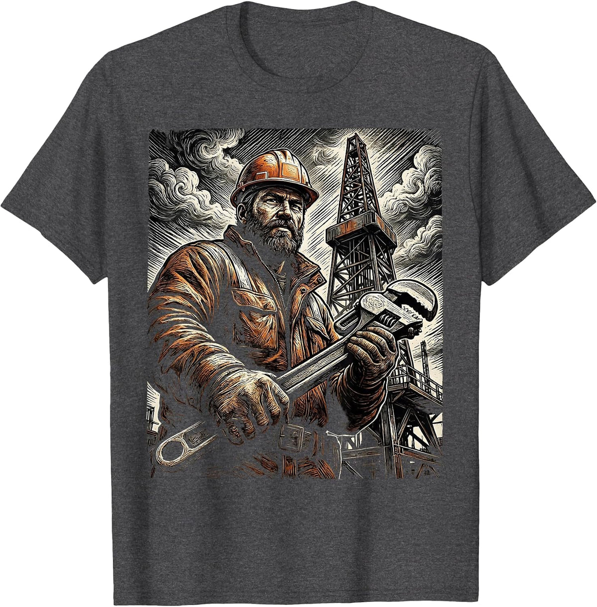 Oil Rig Worker Stormy Sky Illustration T-Shirt - Dark Heather Grey