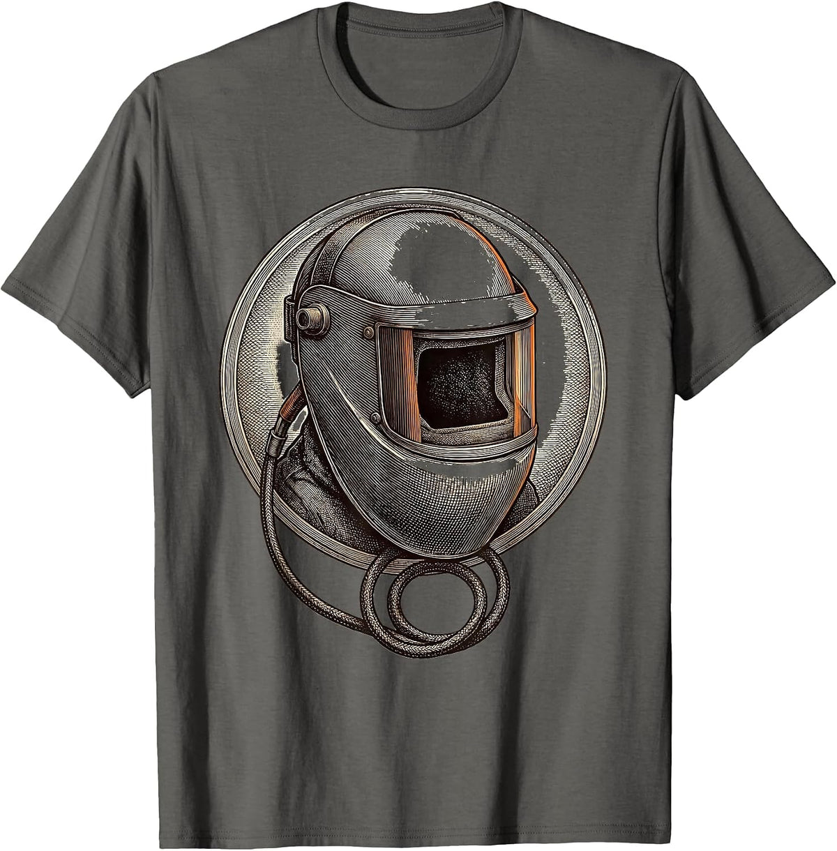 Sleeping Welder Badge Crosshatch Etching Blue Collar Humor T-Shirt - Asphalt Grey