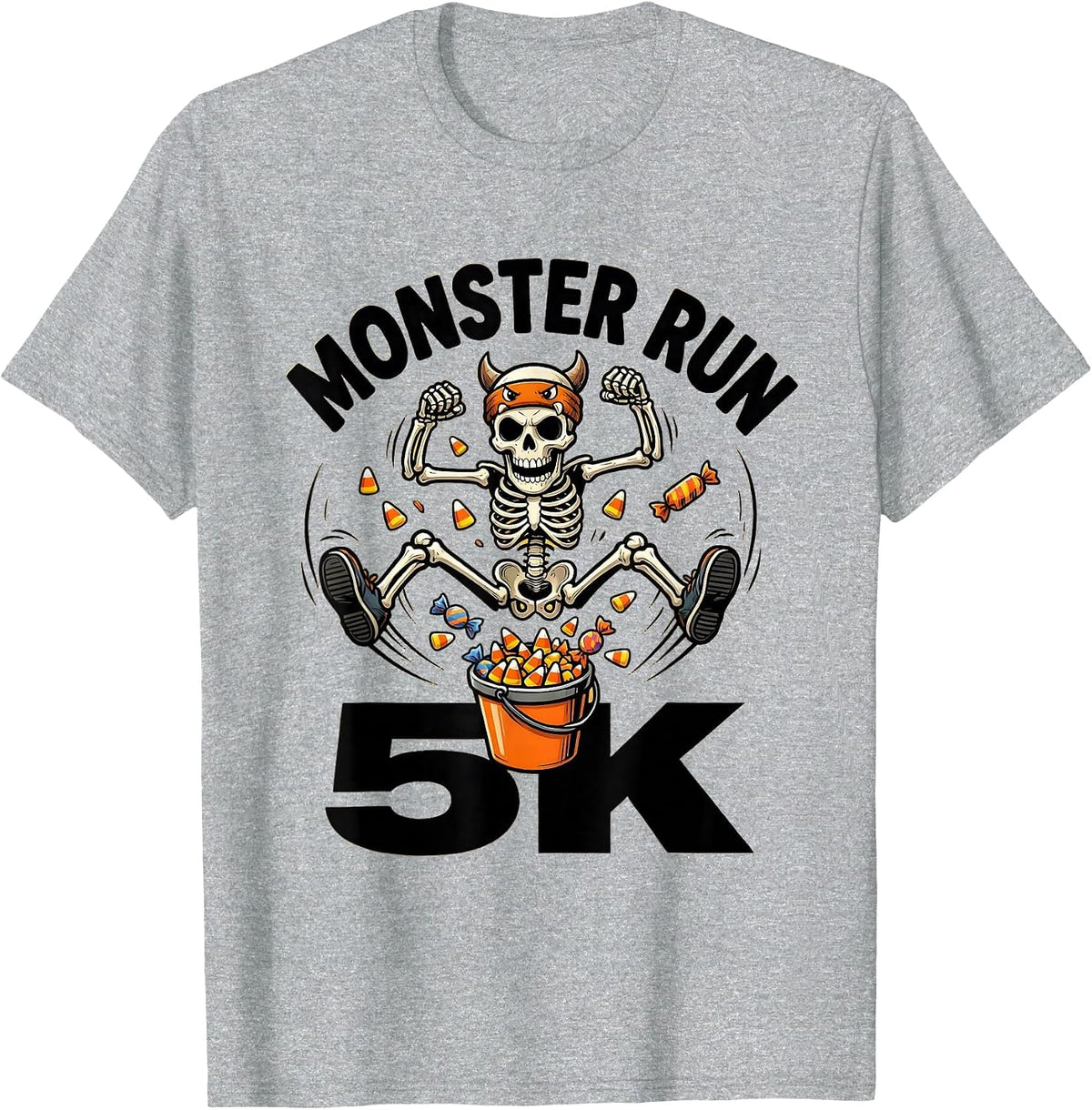 Men's Monster Run 5K Cartoon Skeleton Runner Halloween Fun Run T-Shirt - Heather Grey