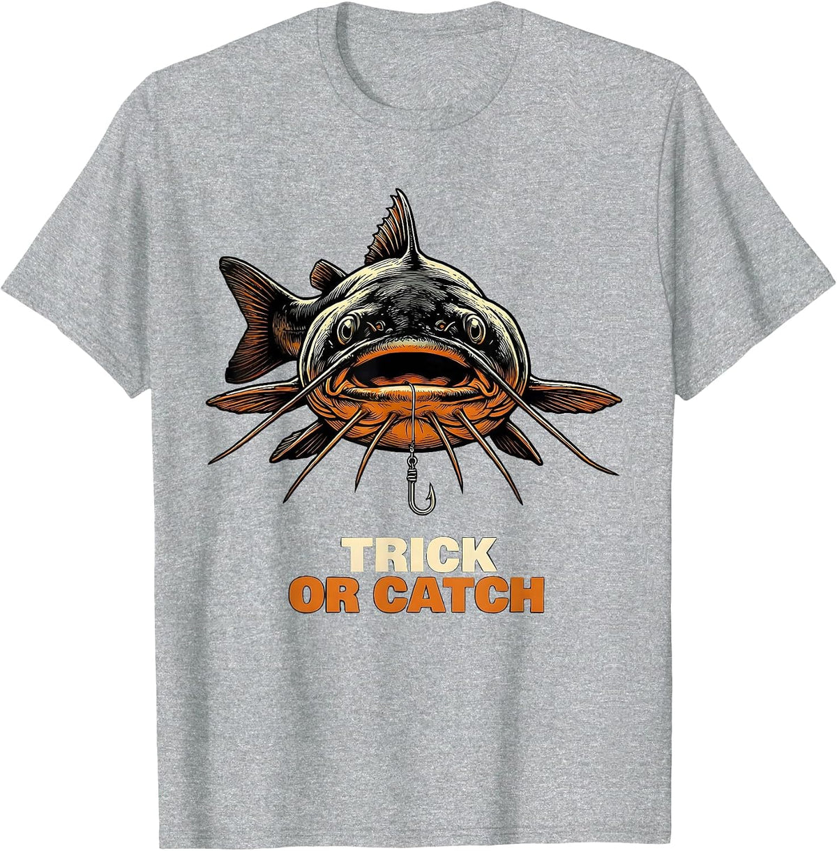 Men's Trick Or Catch Oversized Bullhead Catfish Funny Halloween T-Shirt - Heather Grey