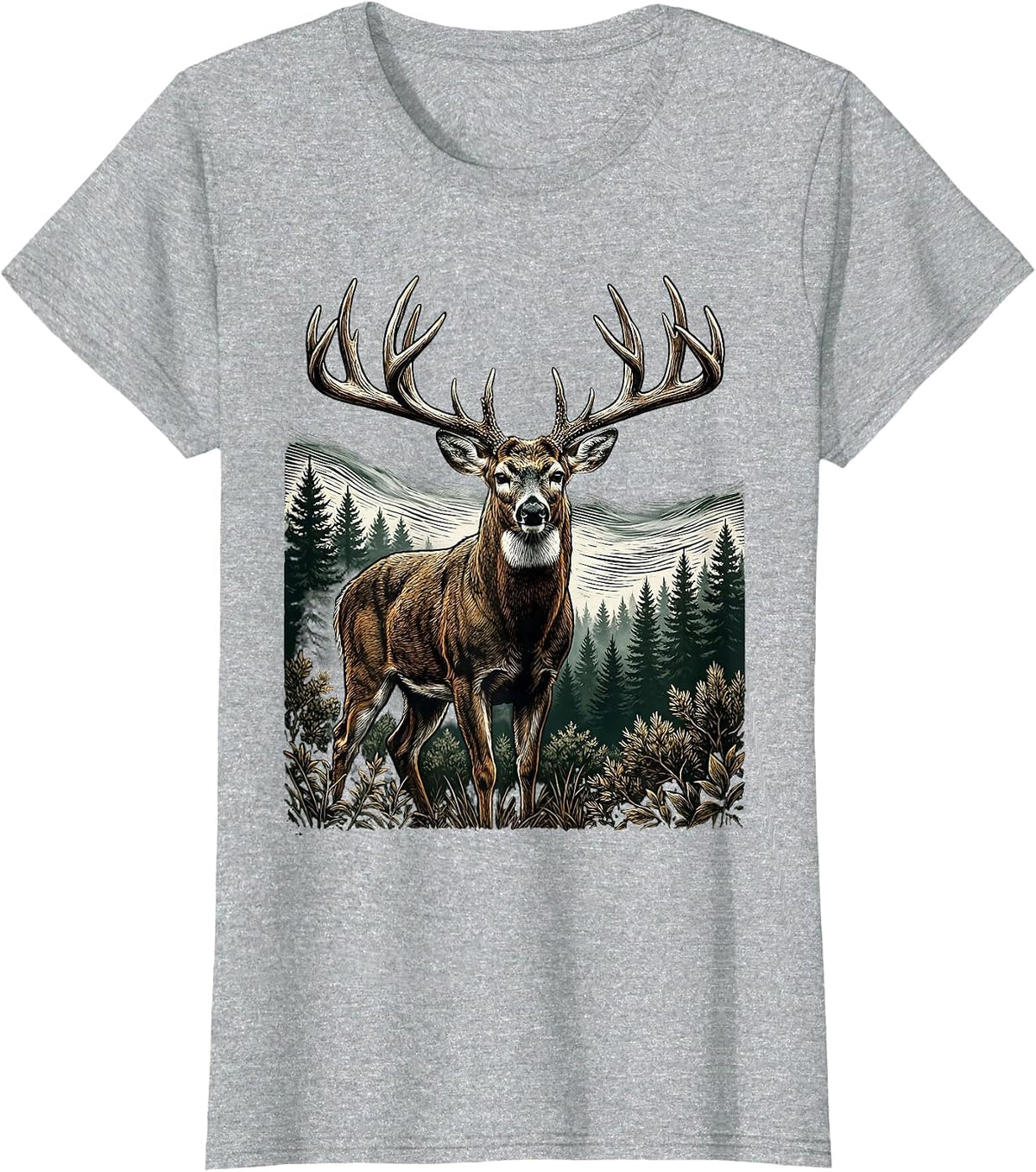 Women's Whitetail Buck Misty Woods Camo Deer Illustration T-Shirt - Heather Grey