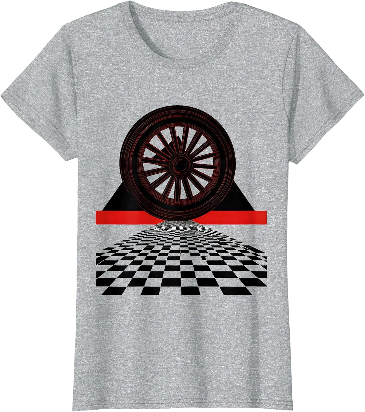 Motorcycle Wheel Spinning on Checkered Road T-Shirt - Heather Grey