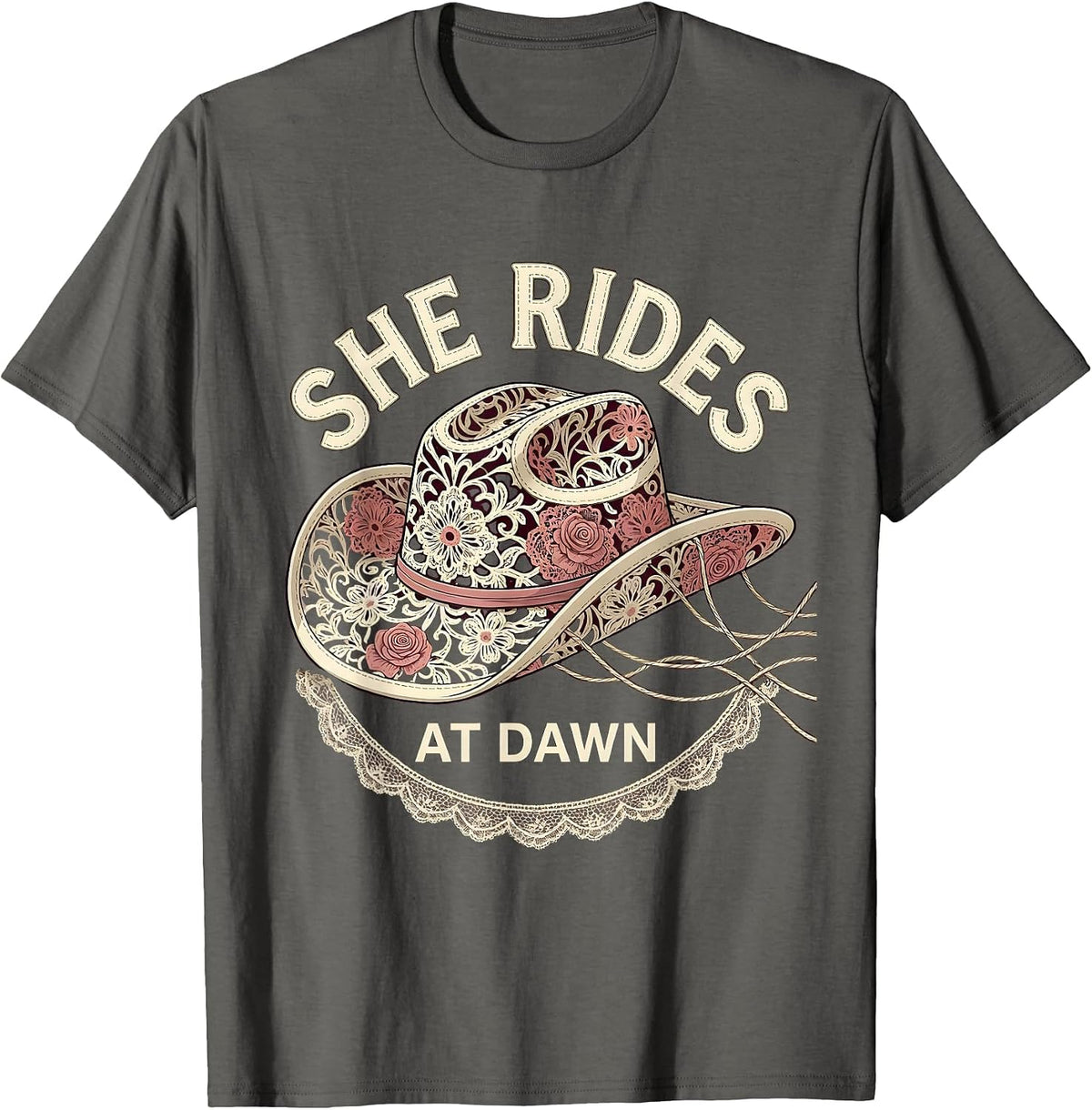 She Rides At Dawn Cowboy Western Design T-Shirt - Asphalt Grey