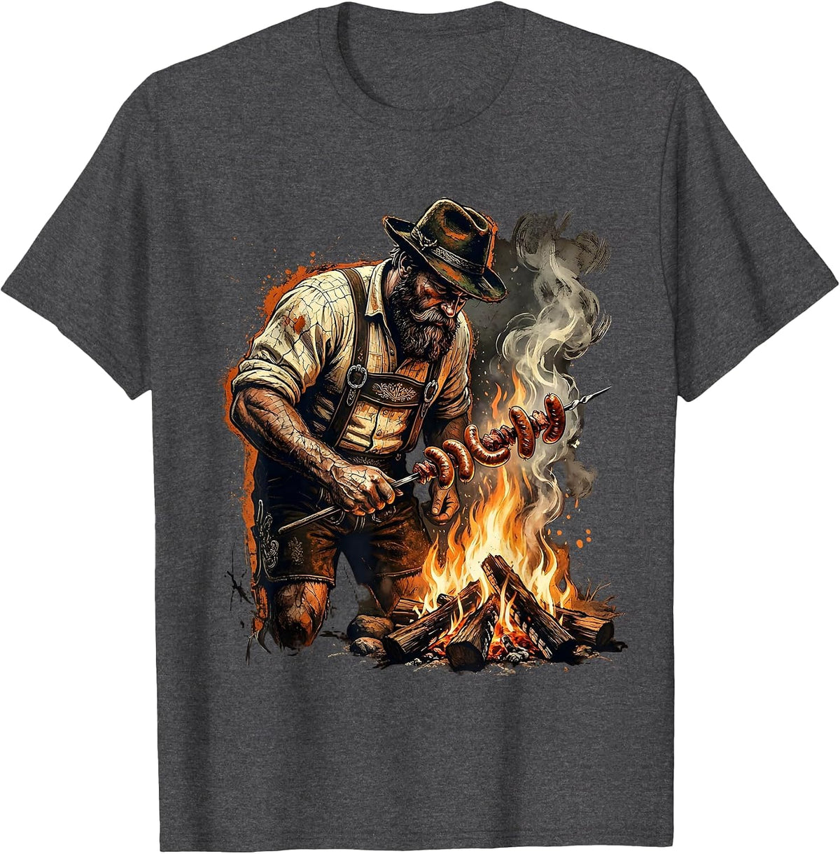 Oktoberfest Bearded Grillmaster Campfire Sausage T-Shirt - Dark Heather Grey