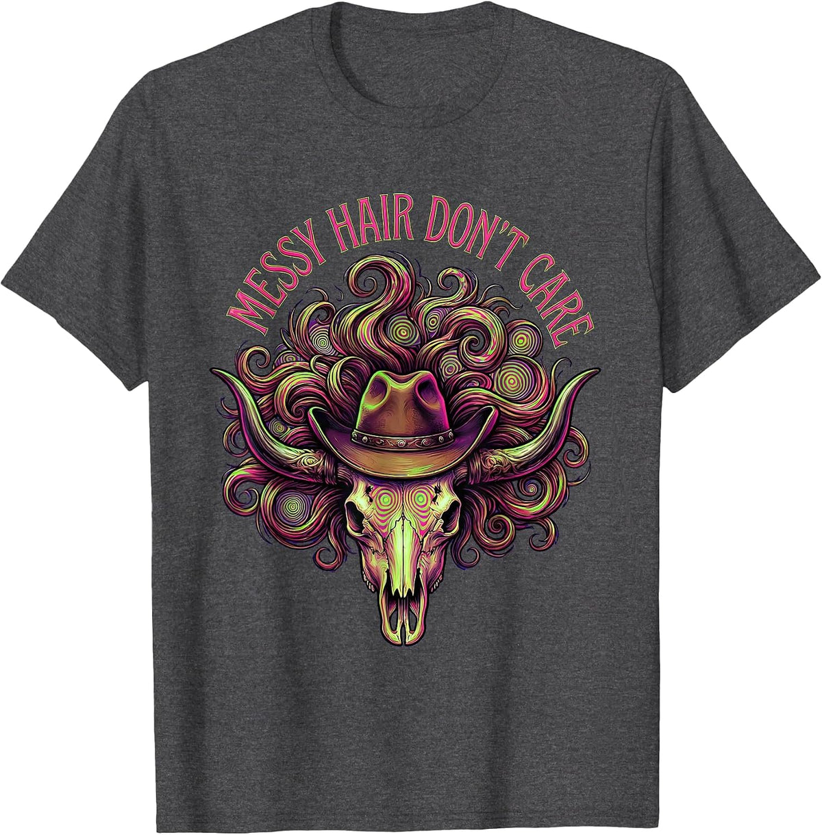 Men's Messy Hair Don't Care Cowgirl Design T-Shirt - Dark Heather Grey