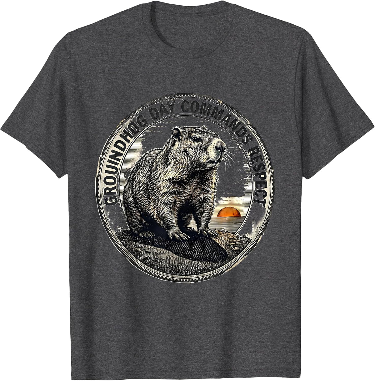 Men's Groundhog Day Commands Respect Funny Vintage Badge Humor T-Shirt - Dark Heather Grey