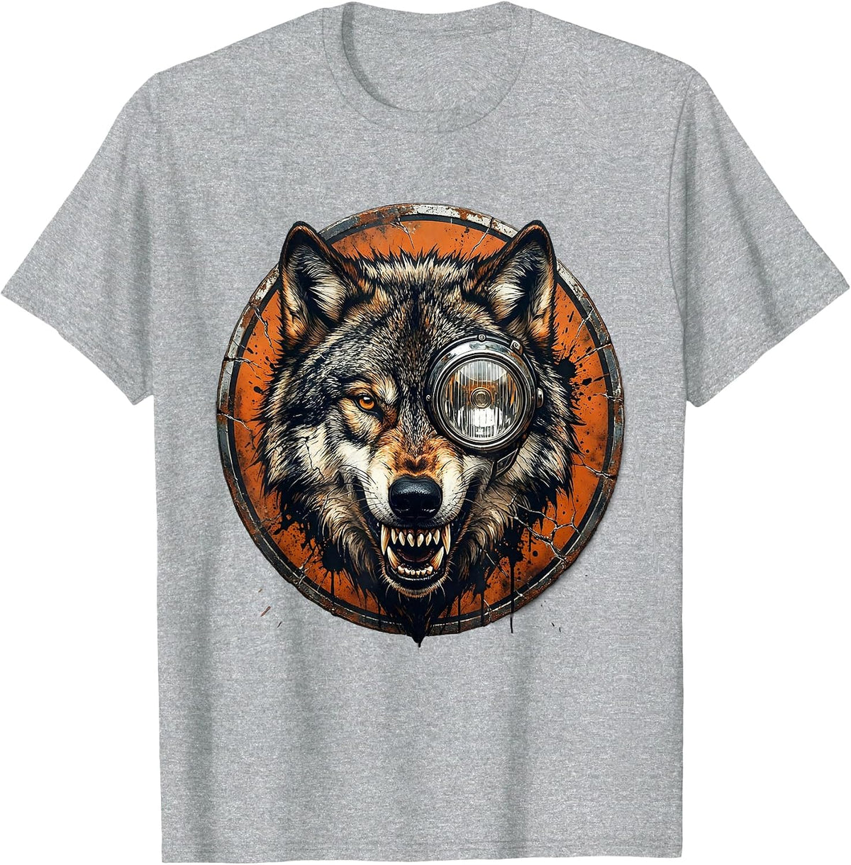 Men's Wolf Head Motorcycle Headlight Graphic Tee T-Shirt - Heather Grey