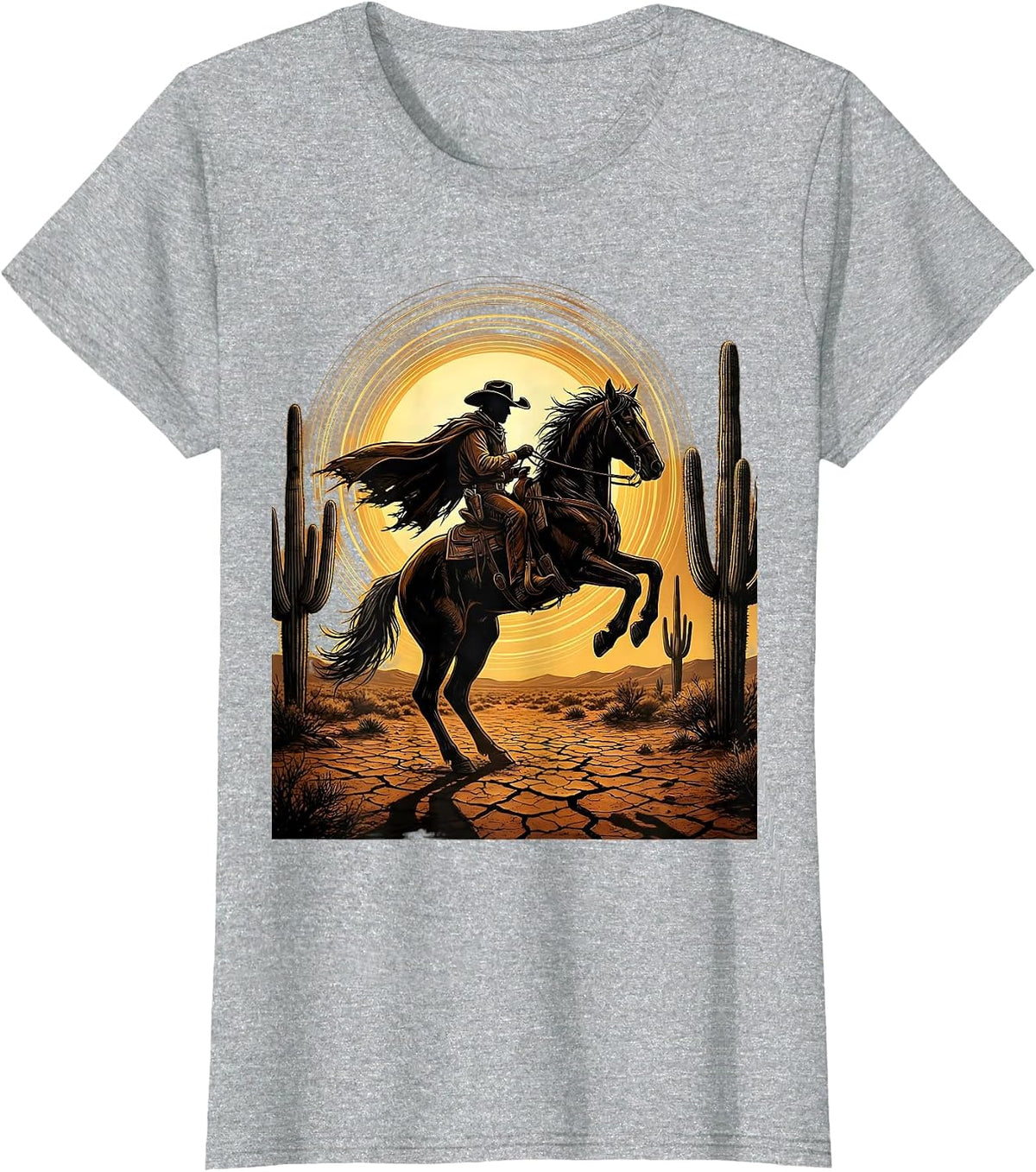 Cowboy Silhouette Desert Sun Western Graphic T-Shirt - Heather Grey