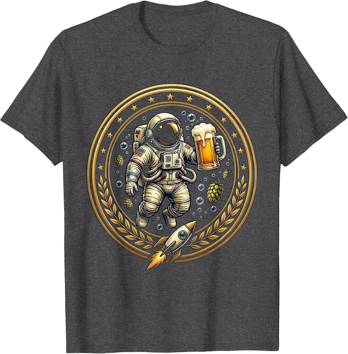 Astronaut Floating With Beer Mug in Space T-Shirt - Dark Heather Grey