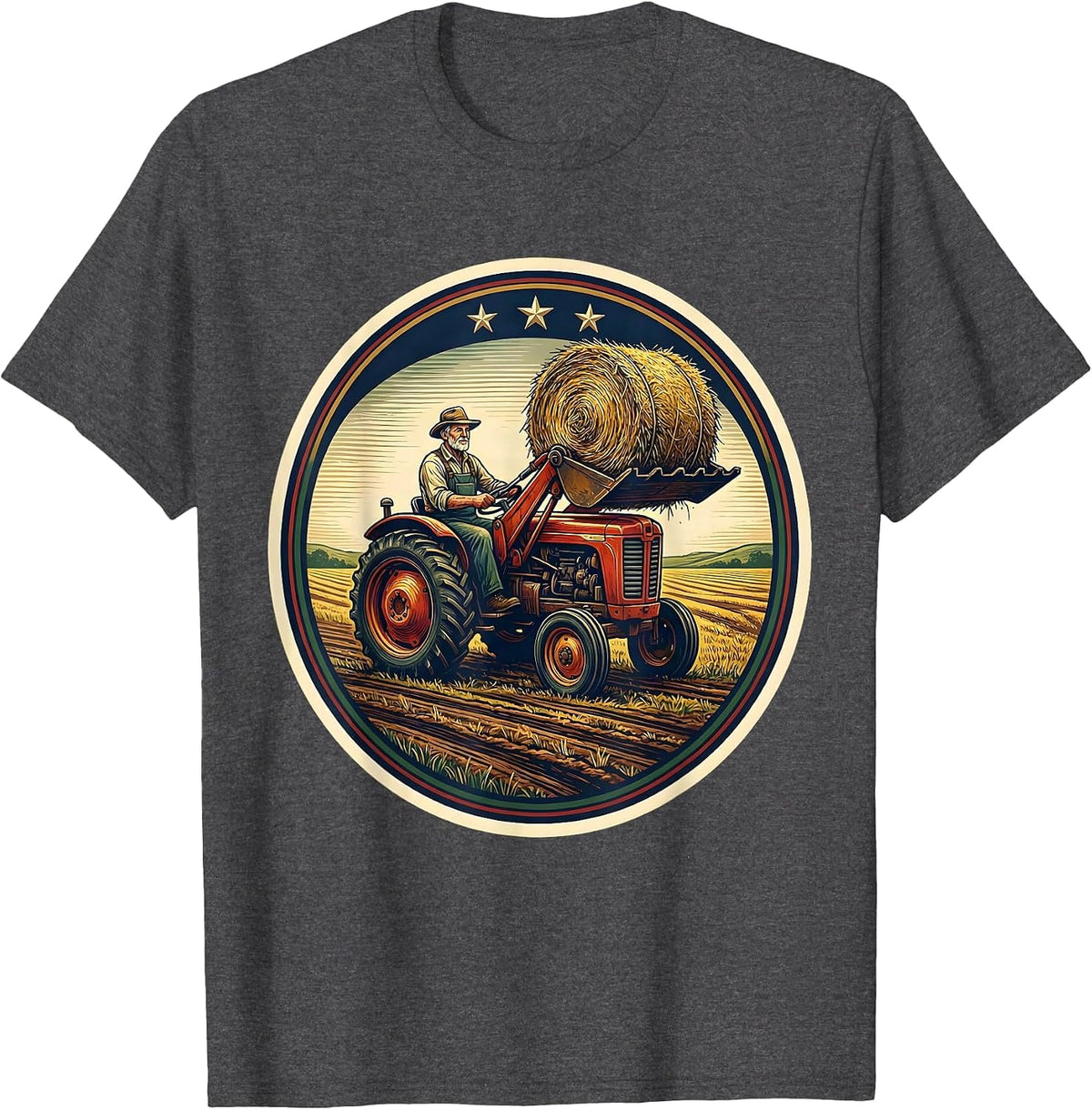 Men's Farm Tractor Farmer Badge Humor Pride T-Shirt - Dark Heather Grey