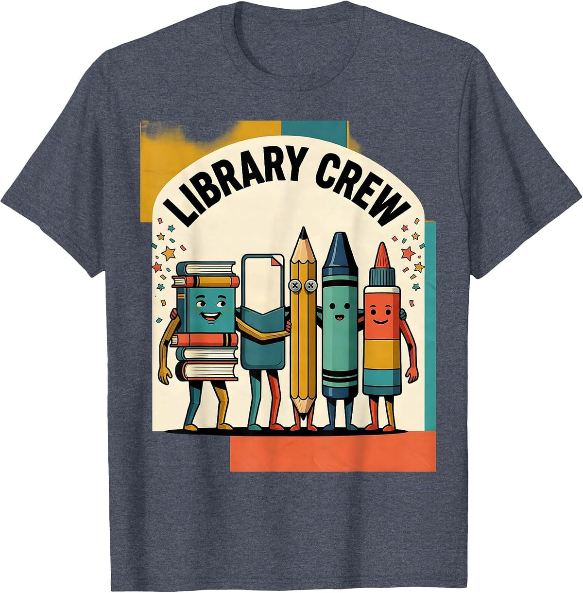 Library Crew Midcentury Modern Book Stack Teacher Student T-Shirt - Heather Blue