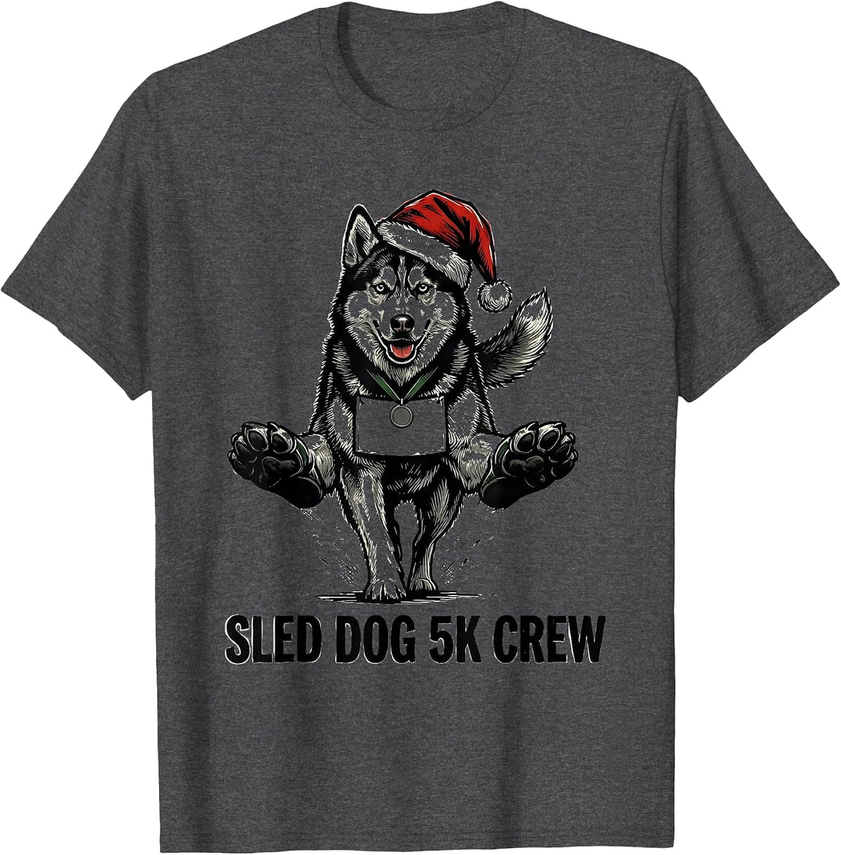 Men's Sled Dog 5K Crew Linocut Funny Christmas Run Runner Gift T-Shirt - Dark Heather Grey