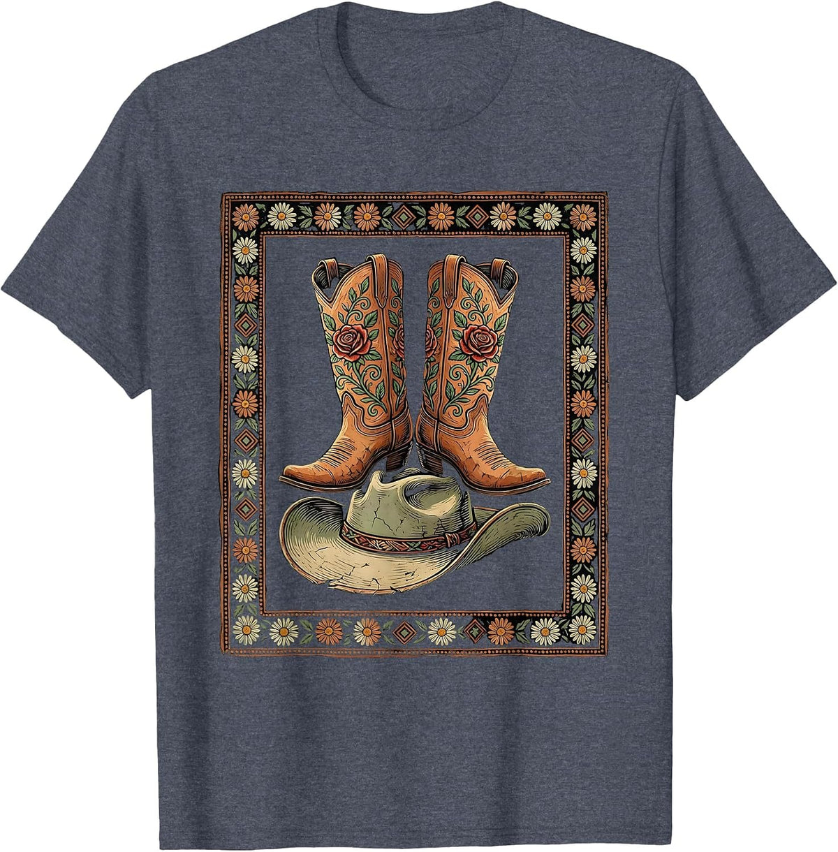 Cowgirl Boots Stomping Cowboy Hat Western Art T-Shirt - Heather Blue