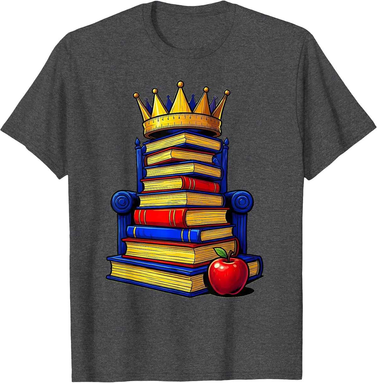 Men's 2nd Grade Teacher Ruler Crown Textbook Throne T-Shirt - Dark Heather Grey