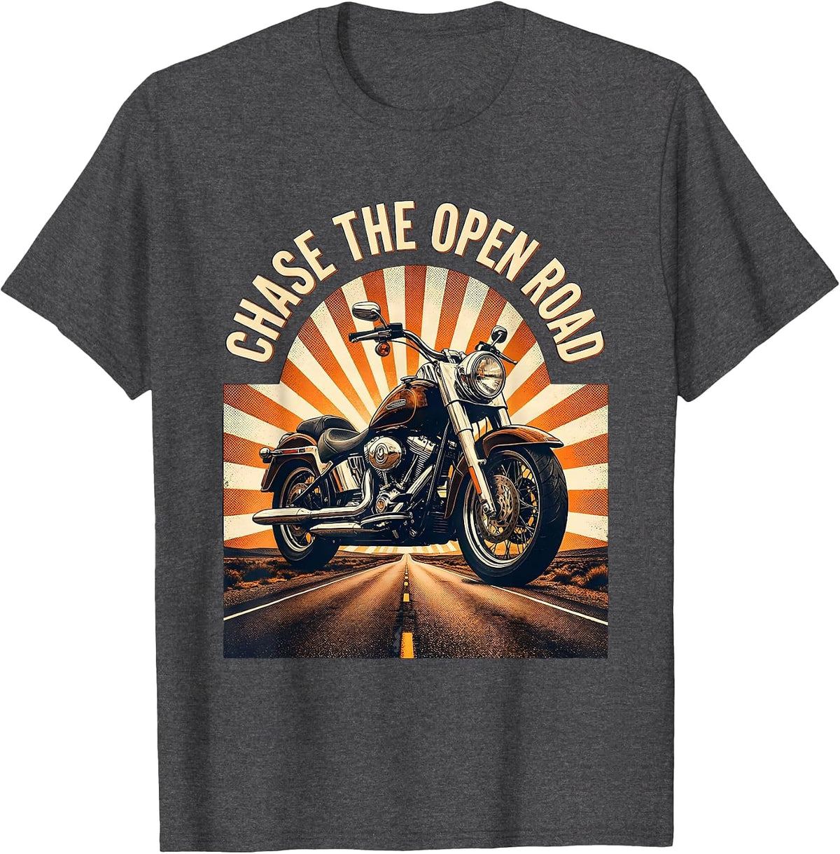 Chase the Open Road Motorcycle Design T-Shirt - Dark Heather Grey