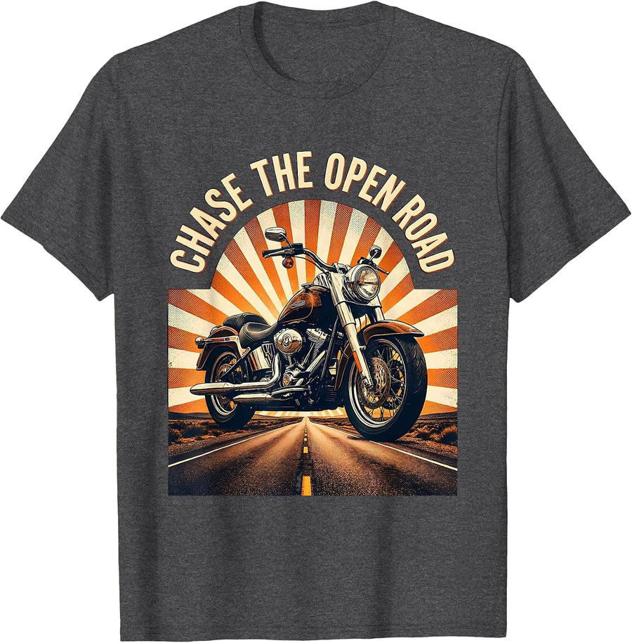 Chase the Open Road Motorcycle Design T-Shirt - Dark Heather Grey