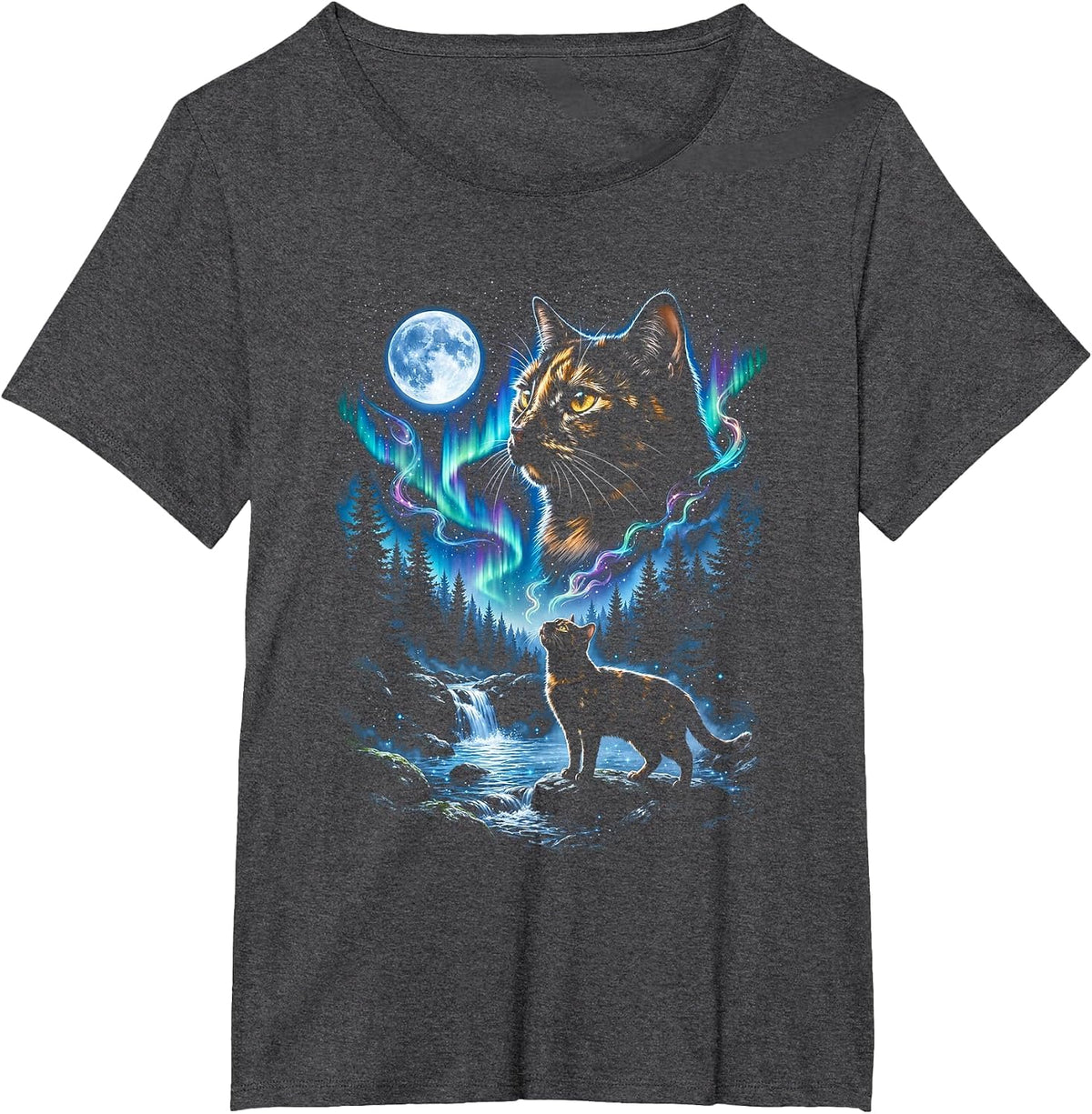 Tortoiseshell Cat Howling At Moon 90s Retro Cat Lover T-Shirt - Dark Heather Grey