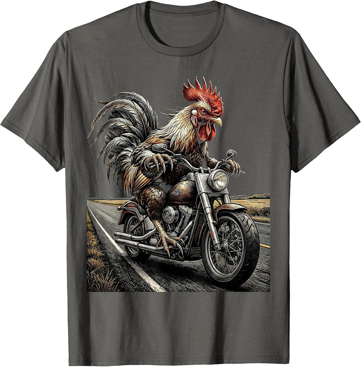 Rooster Motorcycle Rider Open Road Graphic T-Shirt - Asphalt Grey