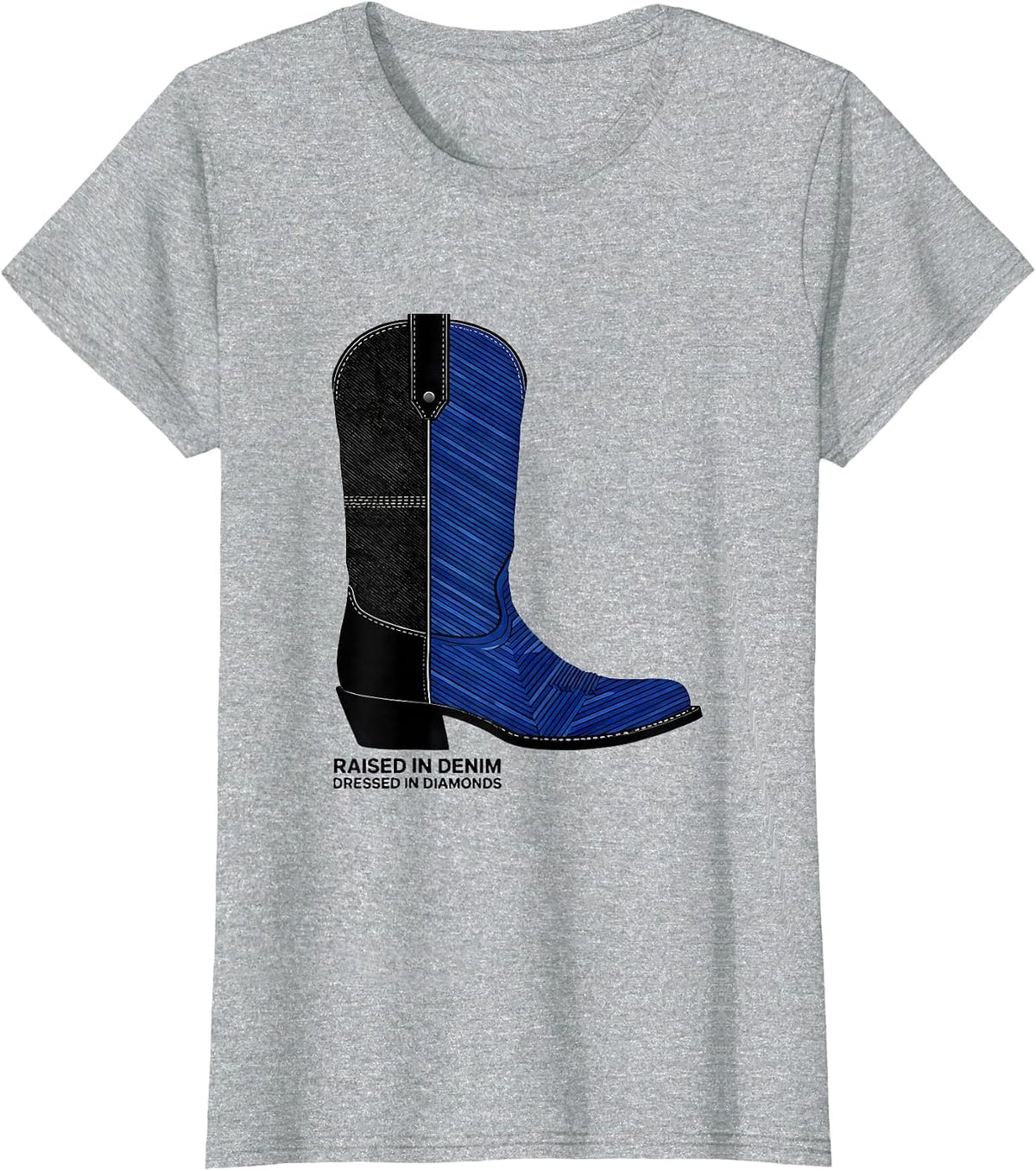 Raised In Denim Dressed In Diamonds Western Cowgirl Glam T-Shirt - Heather Grey
