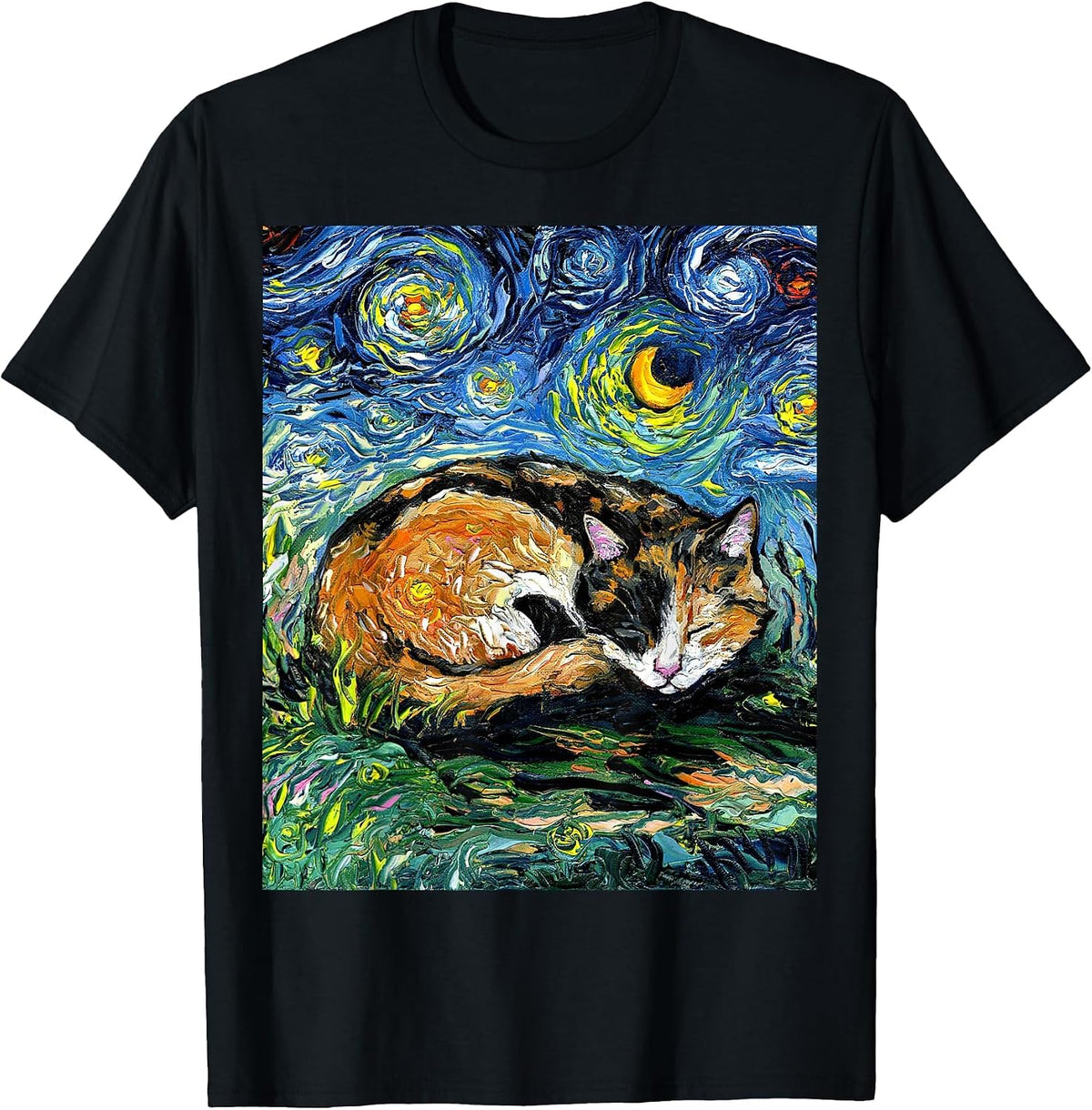 Sleeping Calico Cat Starry Night Animal Lover Pet Artwork T-Shirt - Black