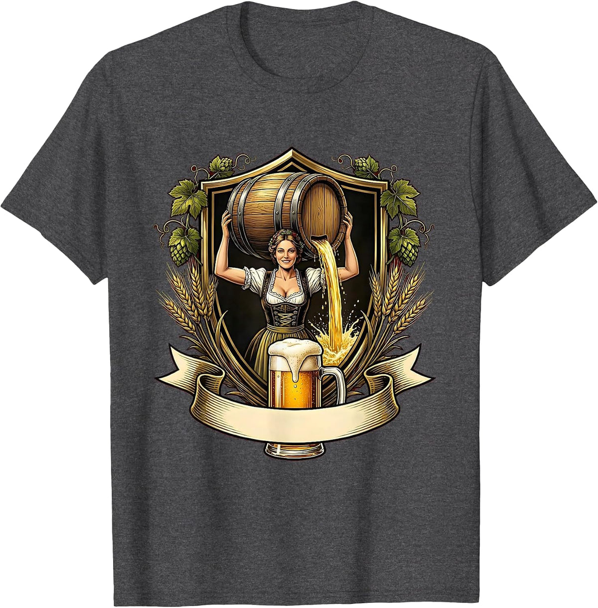 Men's Oktoberfest Beer Barrel Pouring Illustration T-Shirt - Dark Heather Grey